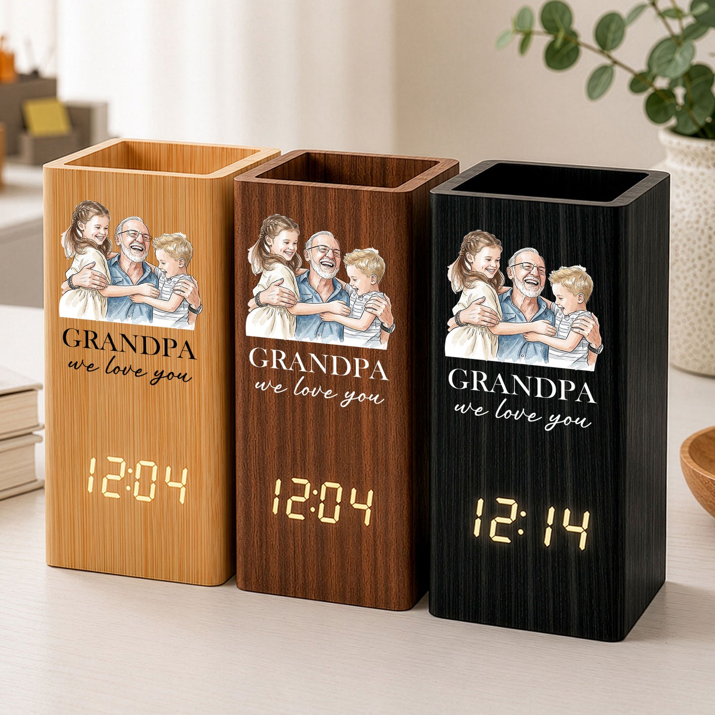 Grandpa We Love You Watercolor - Personalized Pen Holder With Clock 1