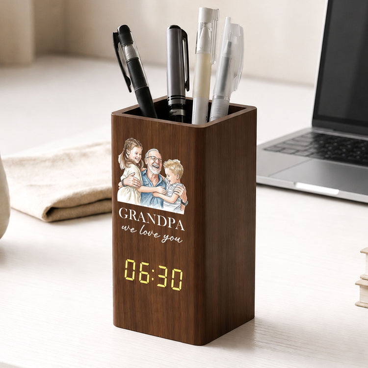 Grandpa We Love You Watercolor - Personalized Pen Holder With Clock 2