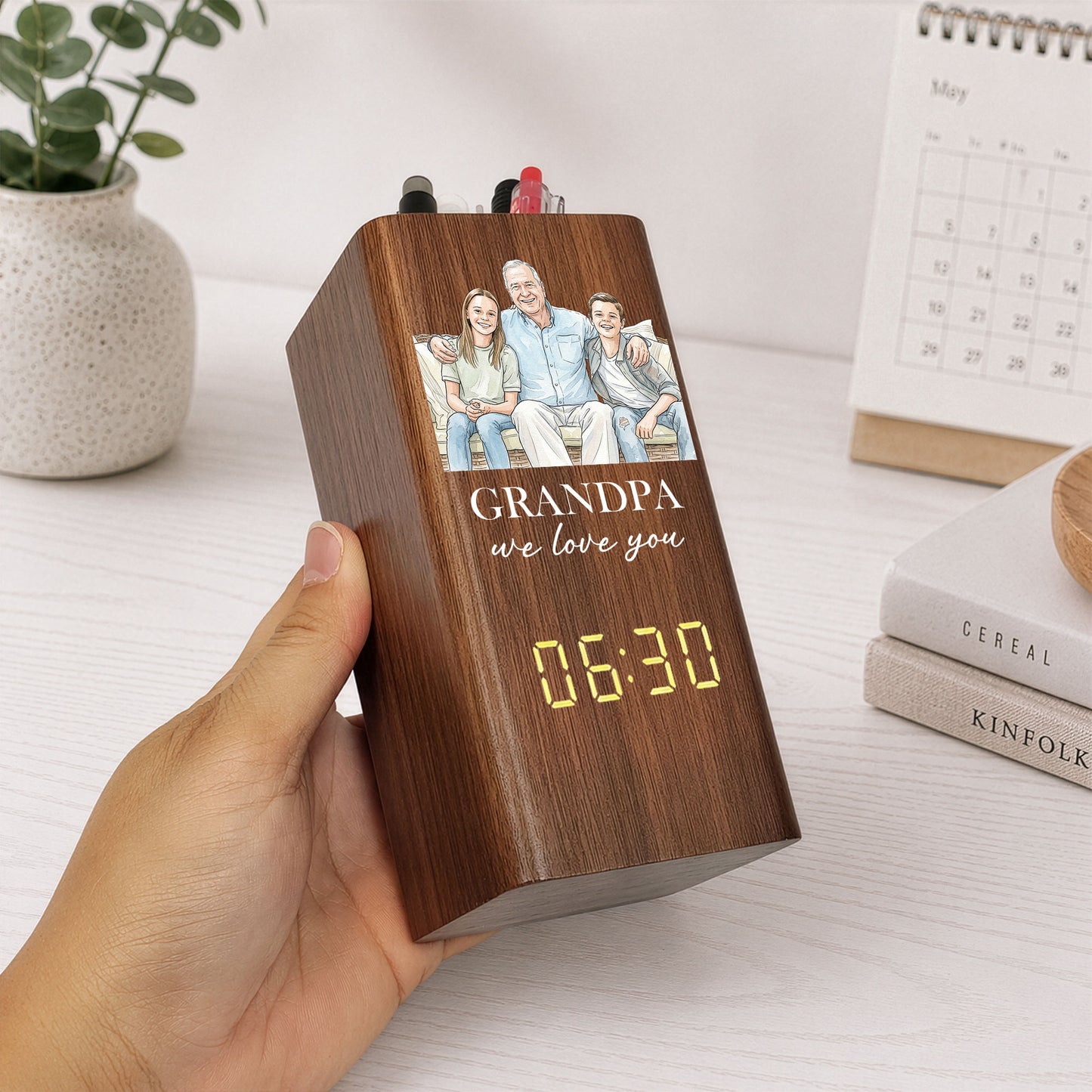 Grandpa We Love You Watercolor - Personalized Pen Holder With Clock 3