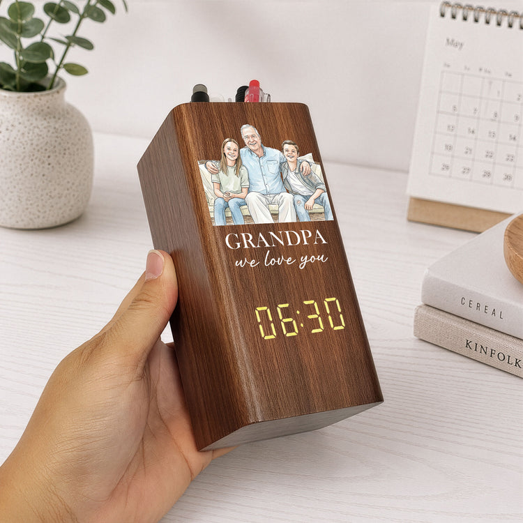 Grandpa We Love You Watercolor - Personalized Pen Holder With Clock 3