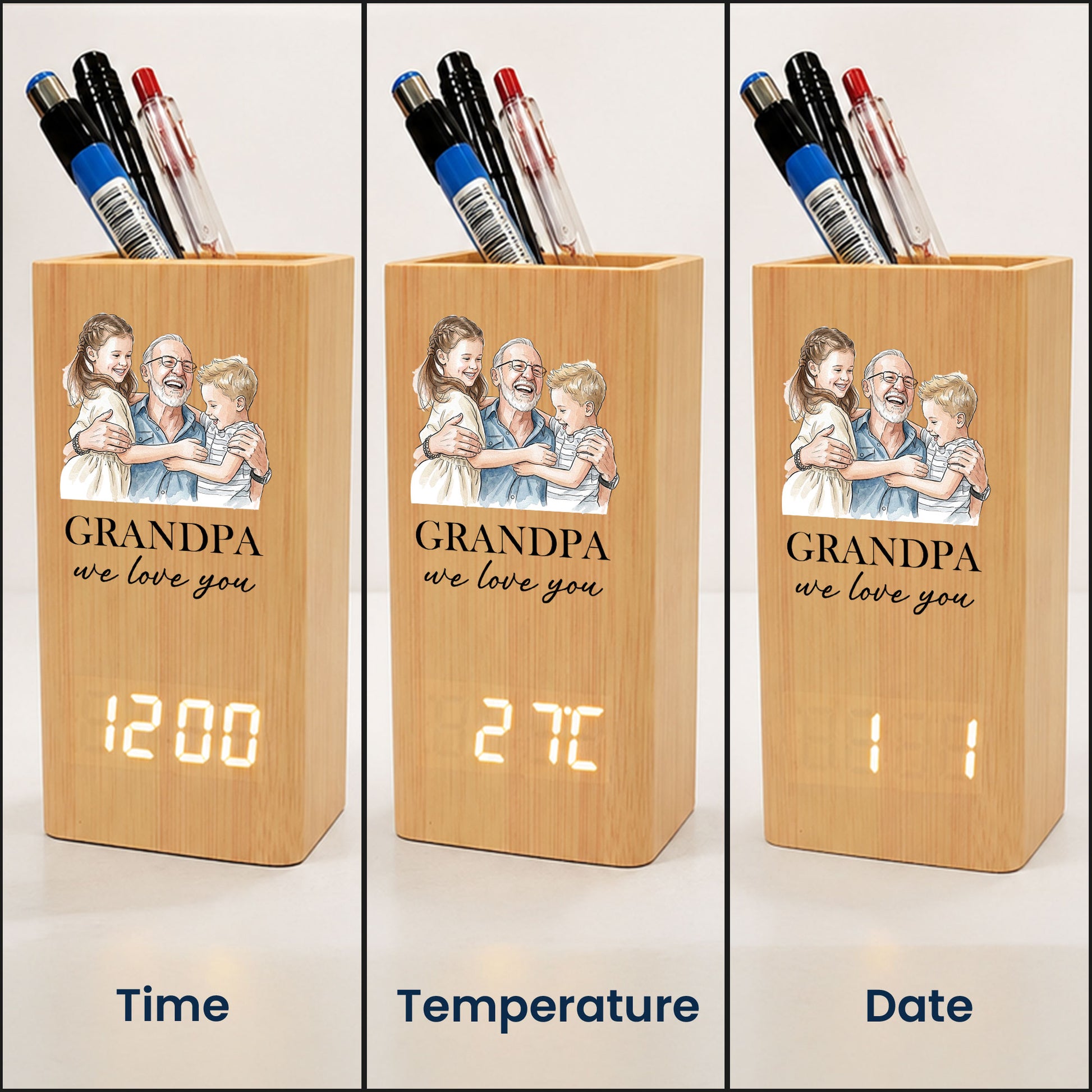 Grandpa We Love You Watercolor - Personalized Pen Holder With Clock 4