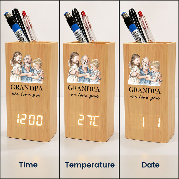 Grandpa We Love You Watercolor - Personalized Pen Holder With Clock 4