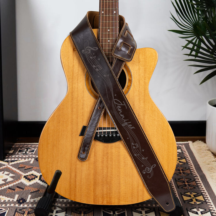 Guitar Music Staff, Notes Custom Name Gift For Guitarists, Guitar Lovers - Personalized Leather Guitar Strap 1