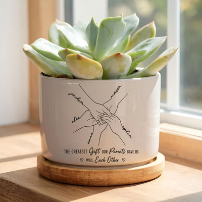 Hands Print Line Art Custom Name Gift For Sibling - Personalized Plant Pot