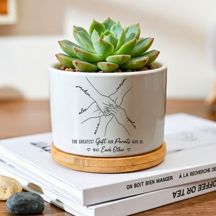 Hands Print Line Art Custom Name Gift For Sibling - Personalized Plant Pot 3