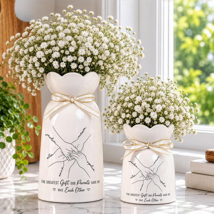 Hands Print Line Art Custom Name Gift For Sibling - Personalized Vase 4