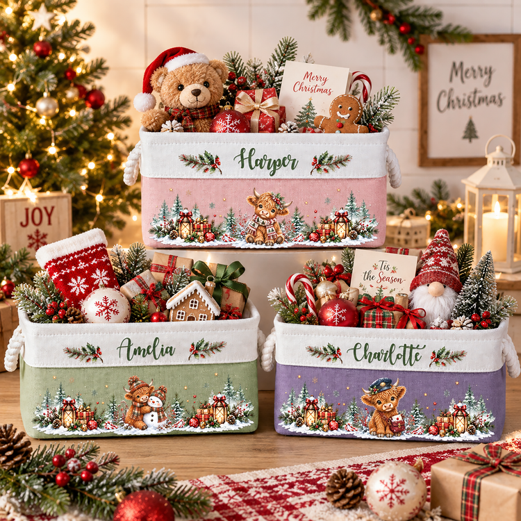 Highland Cow Farmhouse Christmas Decor - Personalized Storage Basket 1
