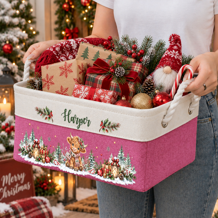 Highland Cow Farmhouse Christmas Decor - Personalized Storage Basket 2