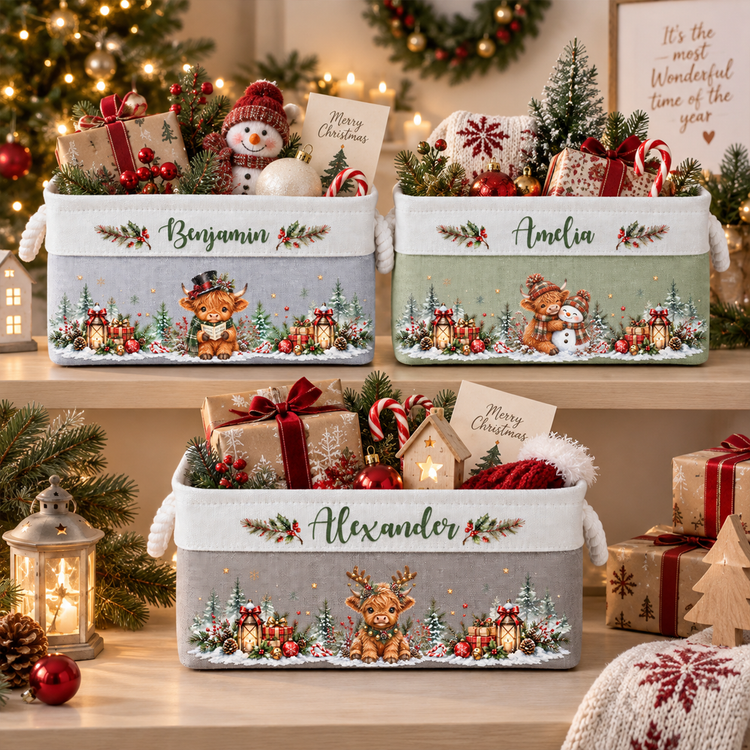 Highland Cow Farmhouse Christmas Decor - Personalized Storage Basket 3