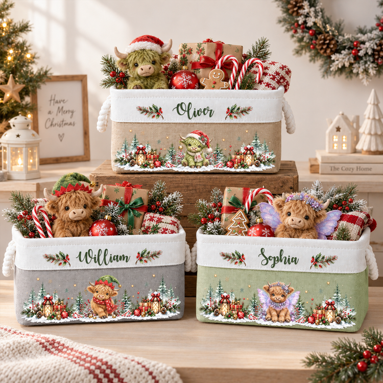 Highland Cow Farmhouse Christmas Decor - Personalized Storage Basket 4