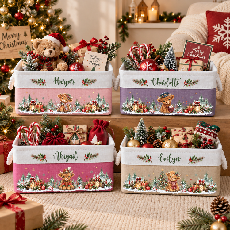 Highland Cow Farmhouse Christmas Decor - Personalized Storage Basket 5