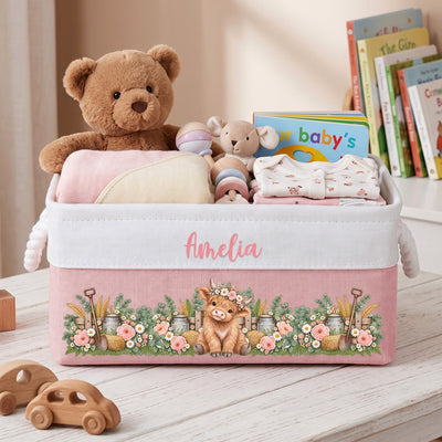 Highland Cow Farmhouse Nursery Decor - Personalized Storage Basket
