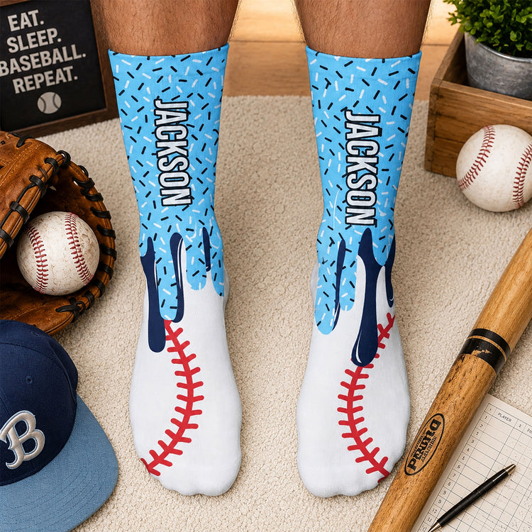 Icecream Drip Design For Baseball, Softball, Soccer, Football, Basketball, Hockey Lover - Personalized Socks 1