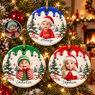 Kid Custom Photo Cartoon Portrait Christmas Heart - Personalized Ornament