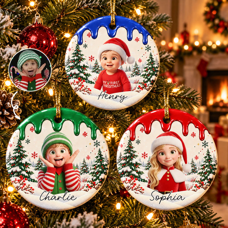 Kid Custom Photo Cartoon Portrait Christmas Heart - Personalized Ornament 1