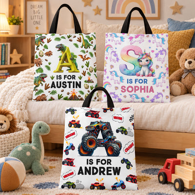 Kid Initial Unicorn, Construction, Monster Truck, Dinosaur Theme - Personalized Tote Bag