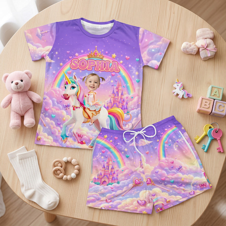 Kid Princess Riding Unicorn Custom Photo - Personalized Kids Clothing Set 1