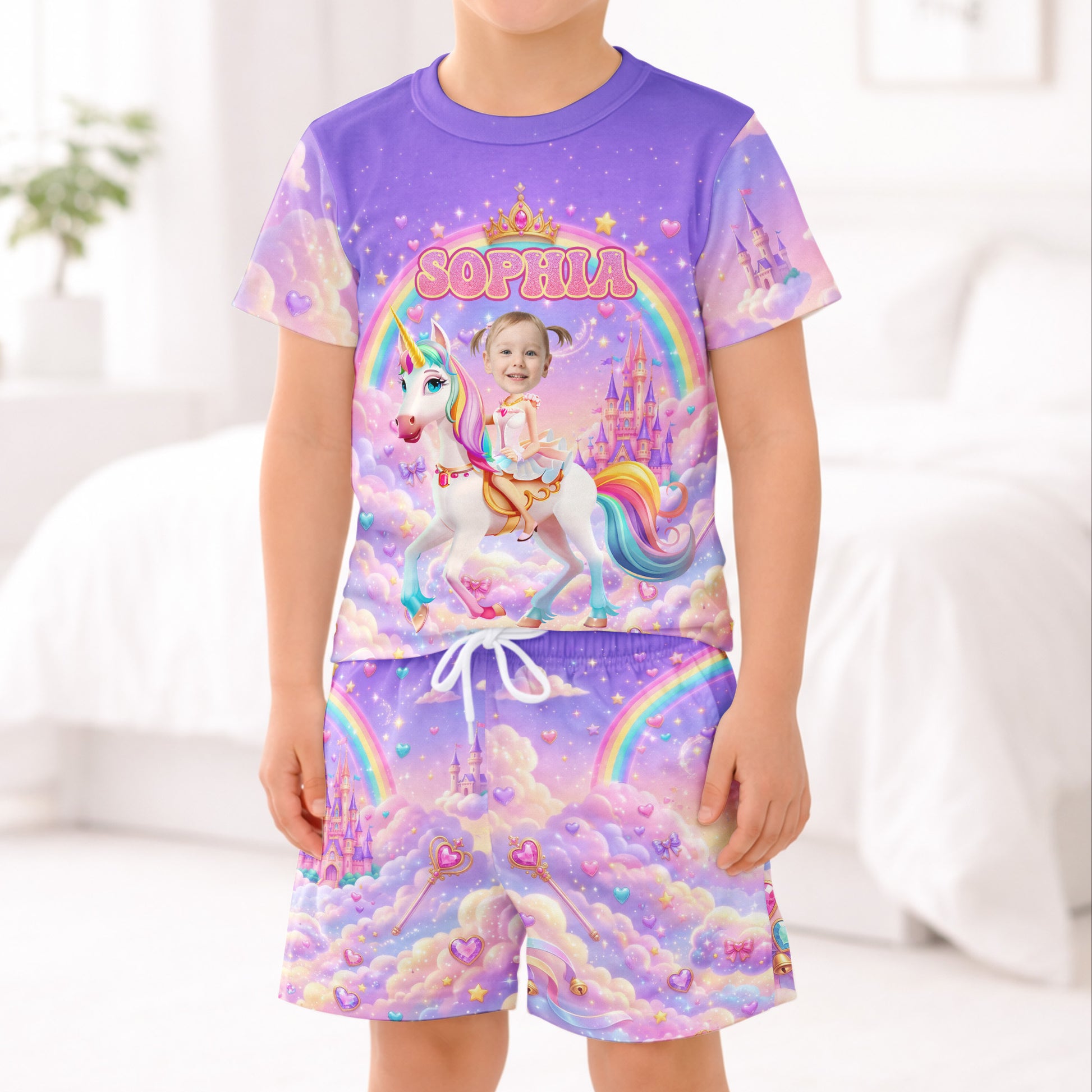 Kid Princess Riding Unicorn Custom Photo - Personalized Kids Clothing Set 2