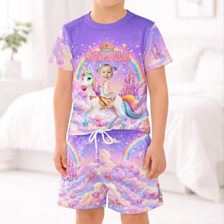 Kid Princess Riding Unicorn Custom Photo - Personalized Kids Clothing Set 2