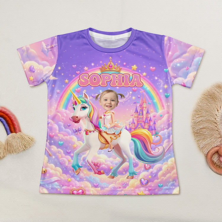 Kid Princess Riding Unicorn Custom Photo - Personalized Kids Clothing Set 3