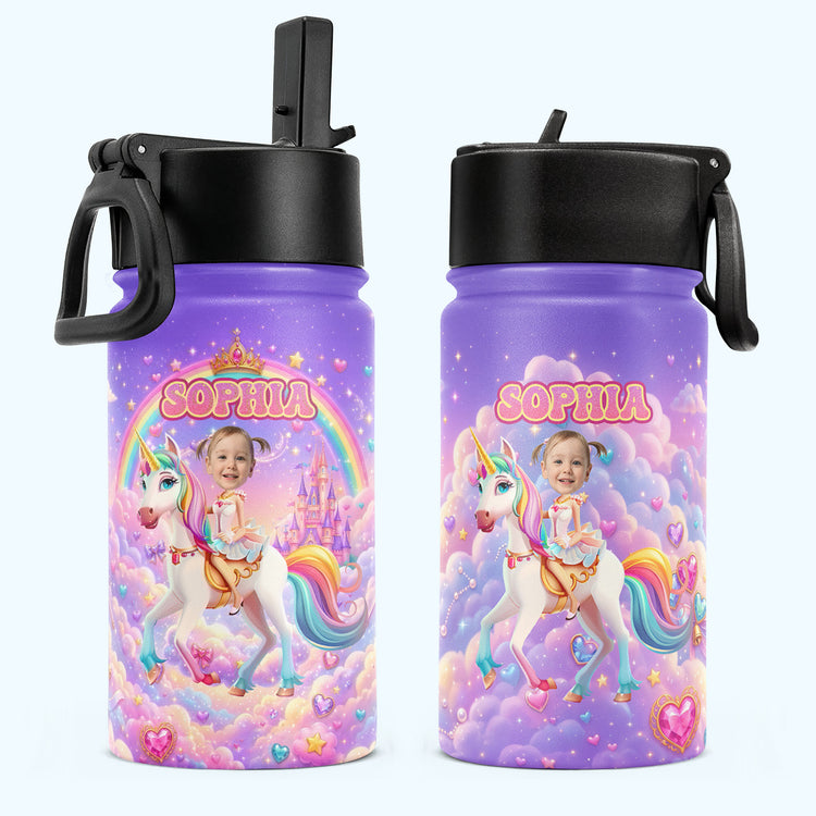 Kid Princess Riding Unicorn Custom Photo - Personalized Water Bottle 2