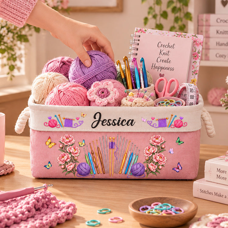 Knitting, Crochet Custom Name & Birth Flower Gift For Knitter, Crocheter - Personalized Storage Basket 2