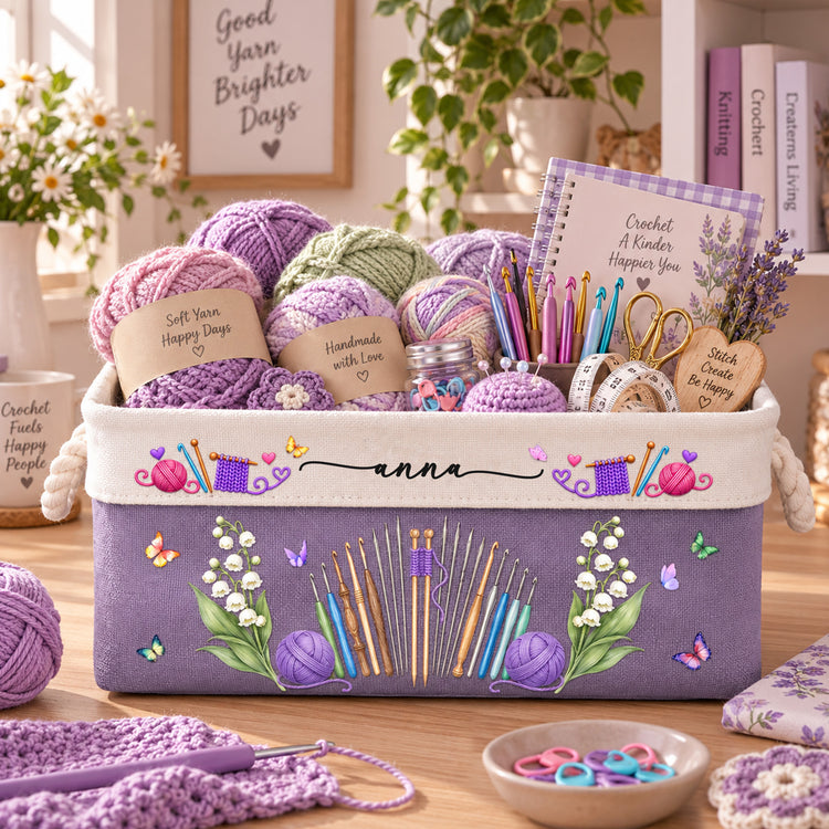 Knitting, Crochet Custom Name & Birth Flower Gift For Knitter, Crocheter - Personalized Storage Basket 3