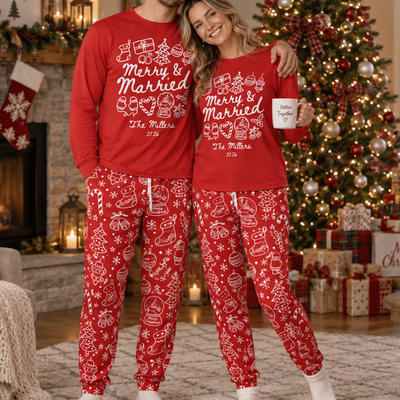 Merry & Married Custom Name Couple First Christmas Gifts For Her, Him - Personalized Pajamas