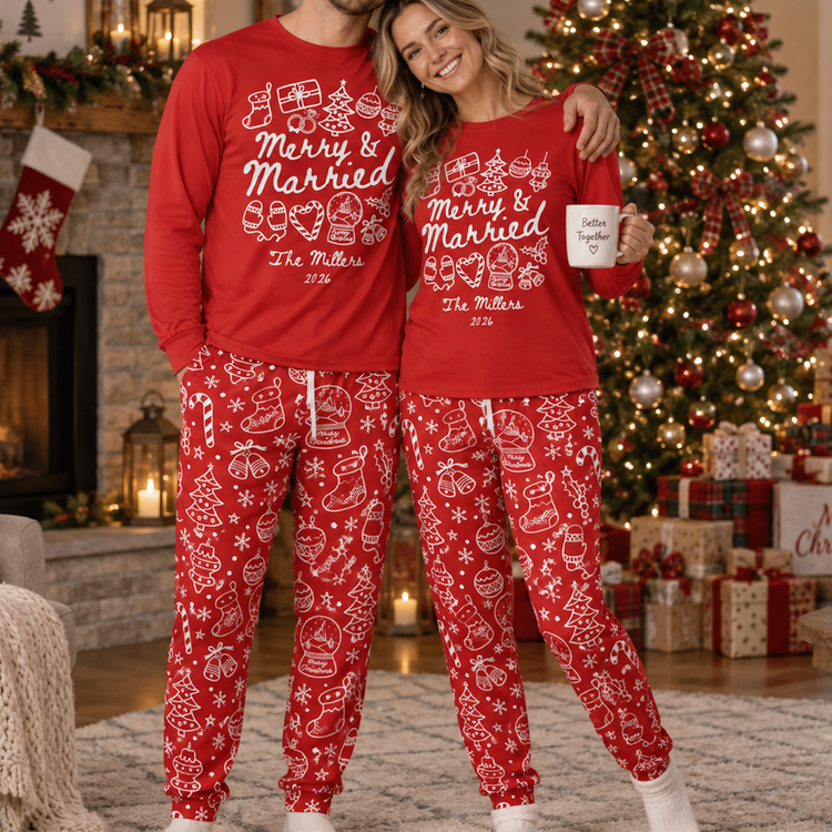 Merry & Married Custom Name Couple First Christmas Gifts For Her, Him - Personalized Pajamas 1