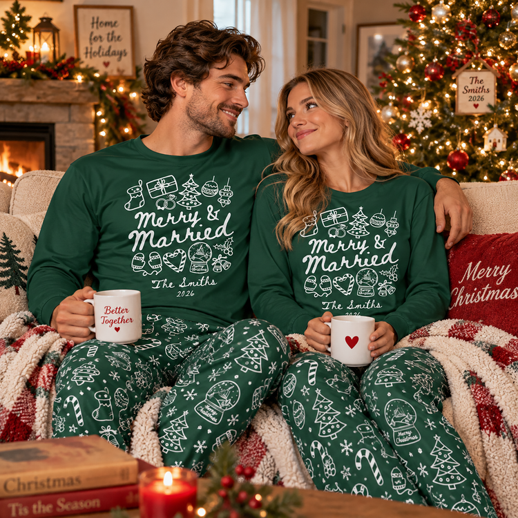 Merry & Married Custom Name Couple First Christmas Gifts For Her, Him - Personalized Pajamas 2