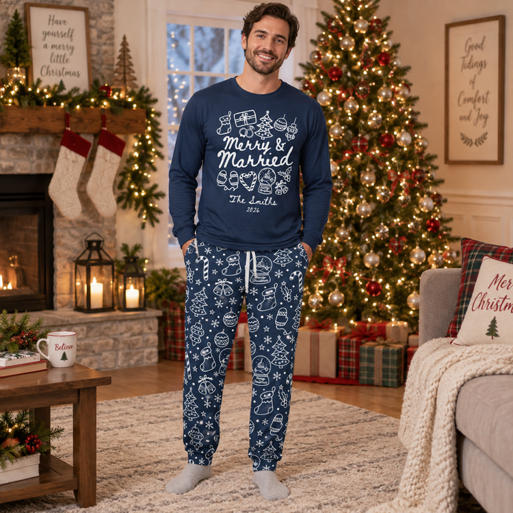 Merry & Married Custom Name Couple First Christmas Gifts For Her, Him - Personalized Pajamas 3