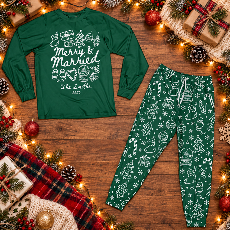 Merry & Married Custom Name Couple First Christmas Gifts For Her, Him - Personalized Pajamas 6