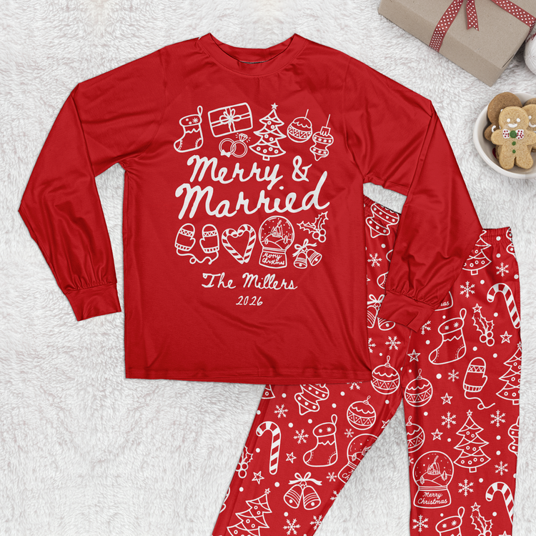 Merry & Married Custom Name Couple First Christmas Gifts For Her, Him - Personalized Pajamas 7