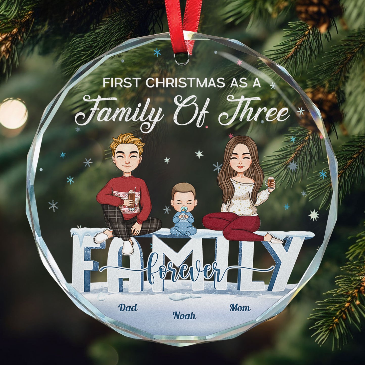 First Christmas As A Family Of Three - Personalized Glass Ornament