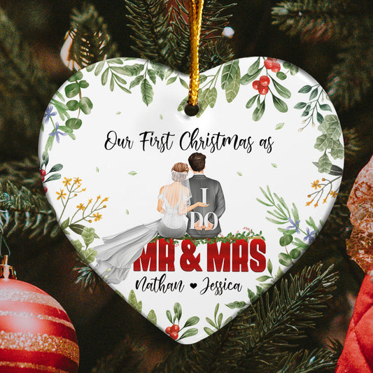 Our First Christmas As Mr. & Mrs. - Personalized Heart Shaped Ceramic Ornament