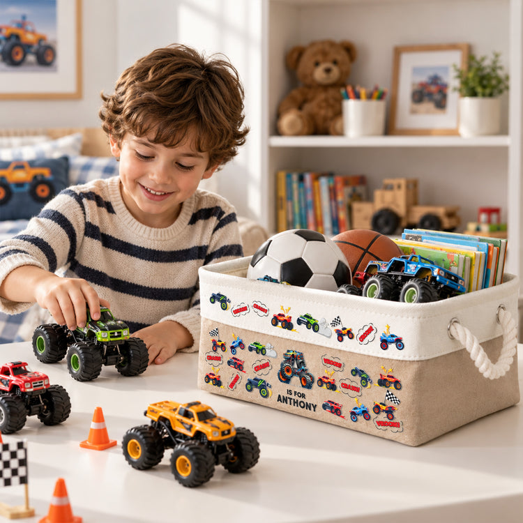 Monster Truck, Unicorn, Astronaut Alphabet Basket Toy Organizer - Personalized Storage Basket 4
