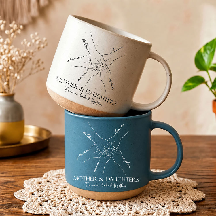 Mother & Daughters Forever Linked Together Hands Line Art - Personalized Mug 2