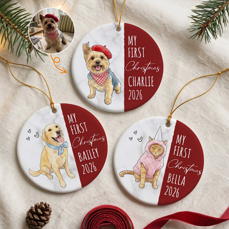 My First Christmas Dog Cat Custom Photo Watercolor - Personalized Ornament 1