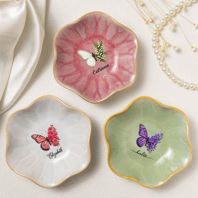 Name & Birth Flower Ring Dish Gifts For Her, Friends, Sisters - Personalized Jewelry Dish