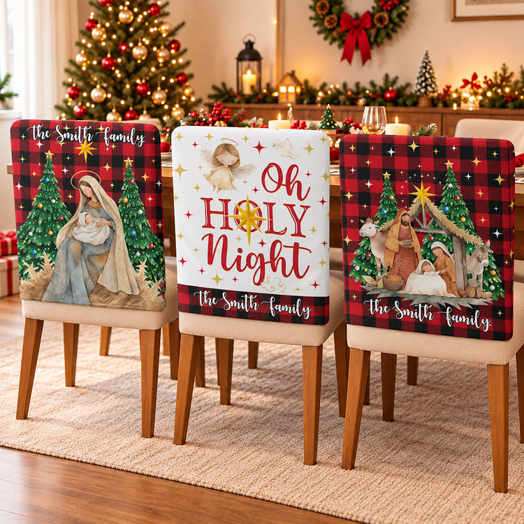 Nativity Scene Christmas Plaid Christian - Personalized Chair Back Cover 1