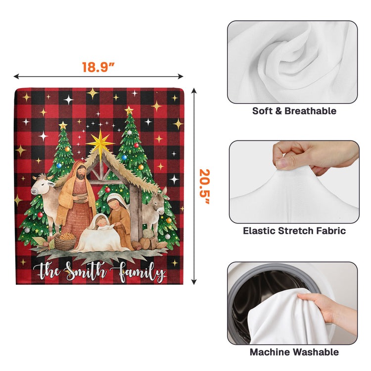 Nativity Scene Christmas Plaid Christian - Personalized Chair Back Cover 3