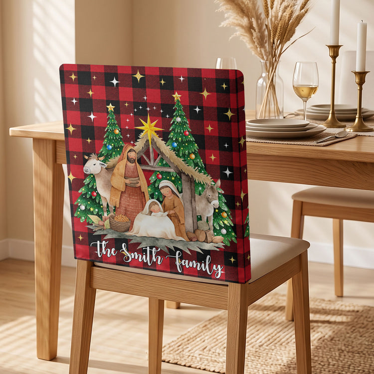 Nativity Scene Christmas Plaid Christian - Personalized Chair Back Cover 8