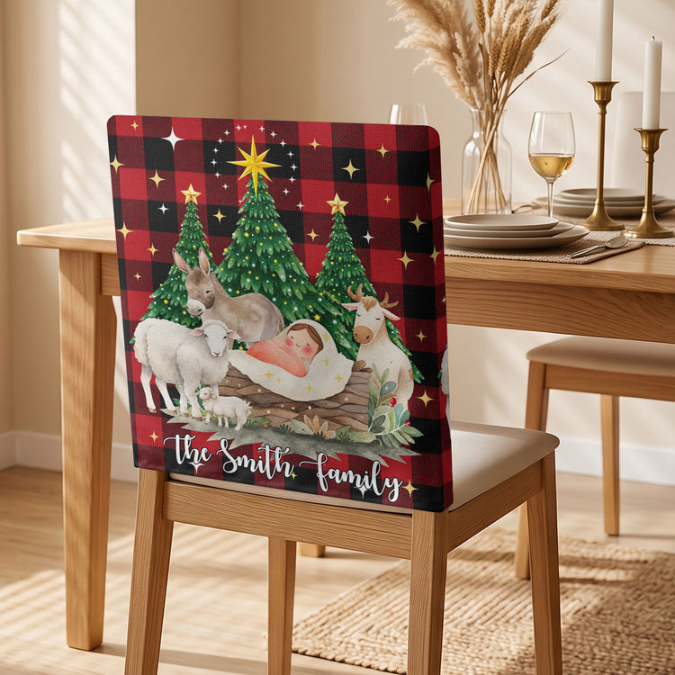Nativity Scene Christmas Plaid Christian - Personalized Chair Back Cover 9