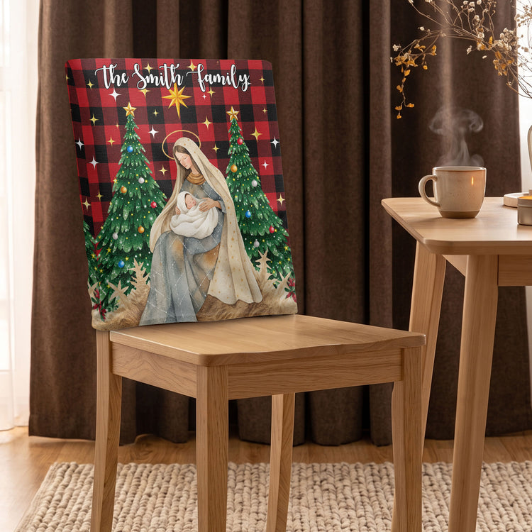 Nativity Scene Christmas Plaid Christian - Personalized Chair Back Cover 10