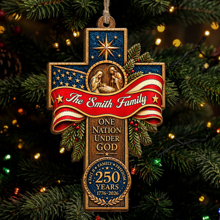 One Nation Under God Faith Family Freedom Patriotic Cross - Personalized Ornament 1