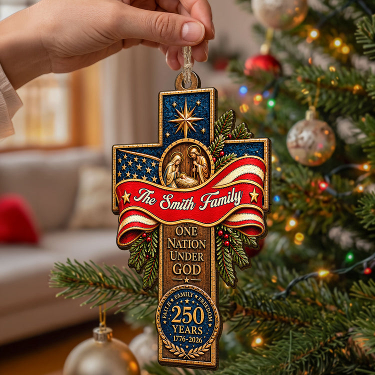 One Nation Under God Faith Family Freedom Patriotic Cross - Personalized Ornament 2