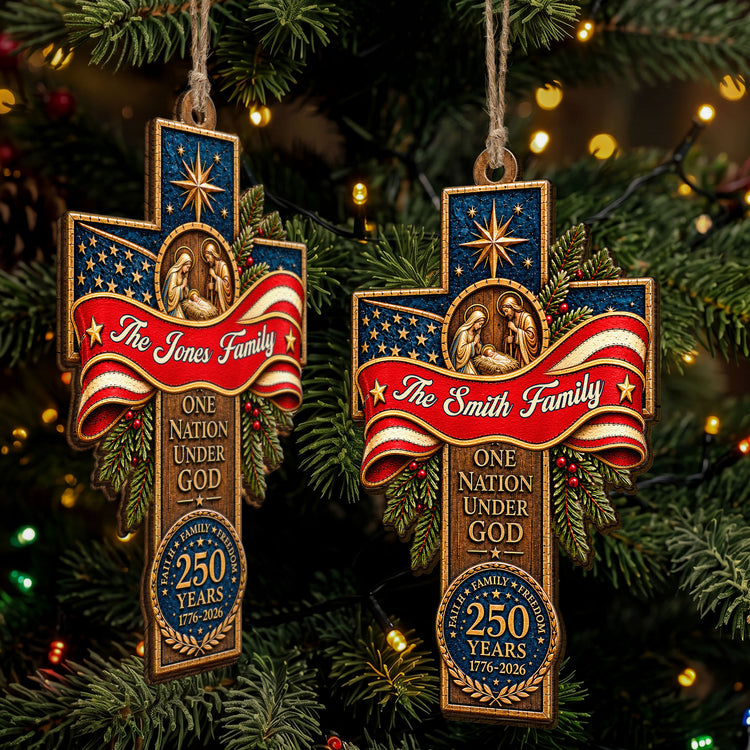 One Nation Under God Faith Family Freedom Patriotic Cross - Personalized Ornament 3