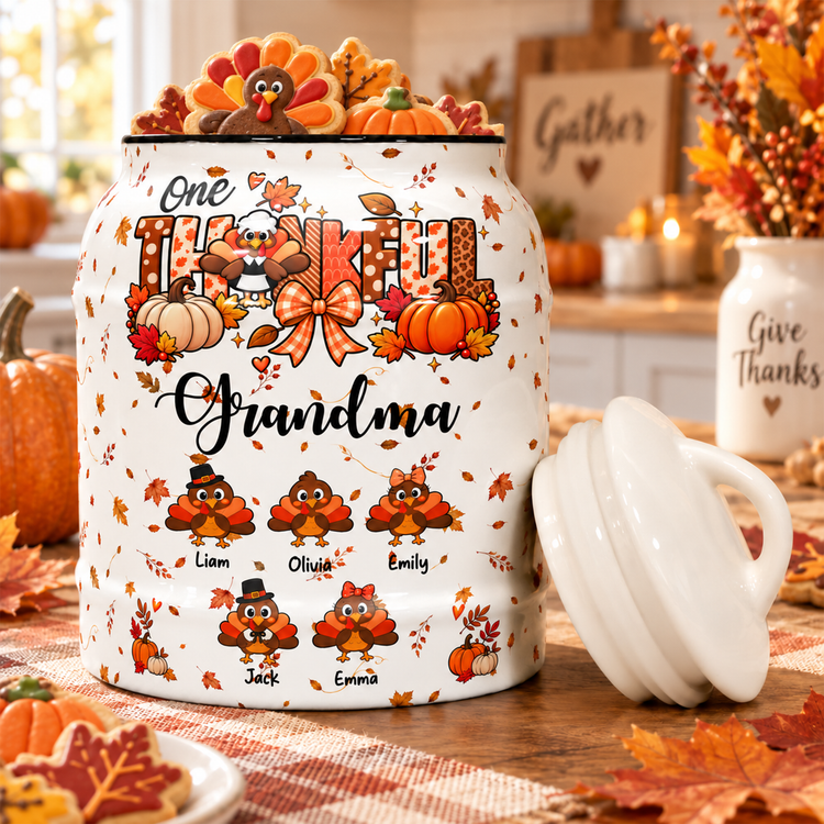 One Thankful Grandma Custom Grandkids Turkey - Thanksgiving Fall Season Decorations - Personalized Cookie Jar 1