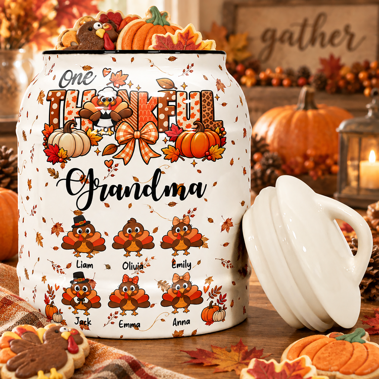 One Thankful Grandma Custom Grandkids Turkey - Thanksgiving Fall Season Decorations - Personalized Cookie Jar 2