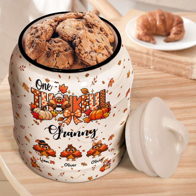 One Thankful Grandma Custom Grandkids Turkey - Thanksgiving Fall Season Decorations - Personalized Cookie Jar 4